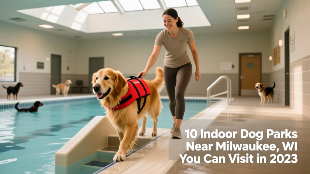 Indoor heated swimming pool for dogs with ramp access, life vests, and trainer assisting a golden retriever