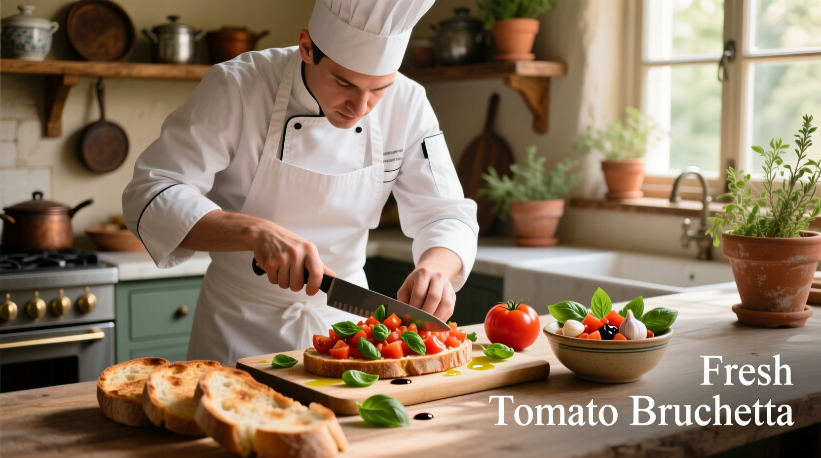 Chef preparing fresh tomato bruschetta with basil
