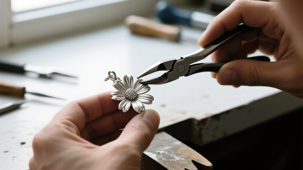 Jeweler using nylon-jaw pliers to reshape a bent sterling silver daisy petal on a floral pendant under bright workbench lighting.