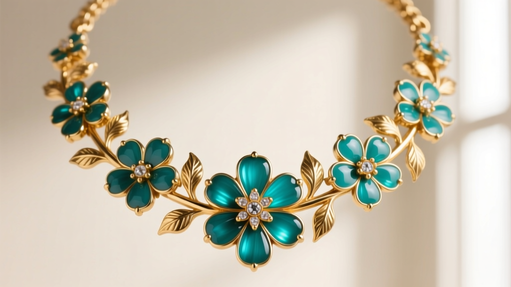 Macro shot of an Oscar de la Renta necklace showing gold-plated brass floral motifs filled with vibrant teal cold enamel resin.
