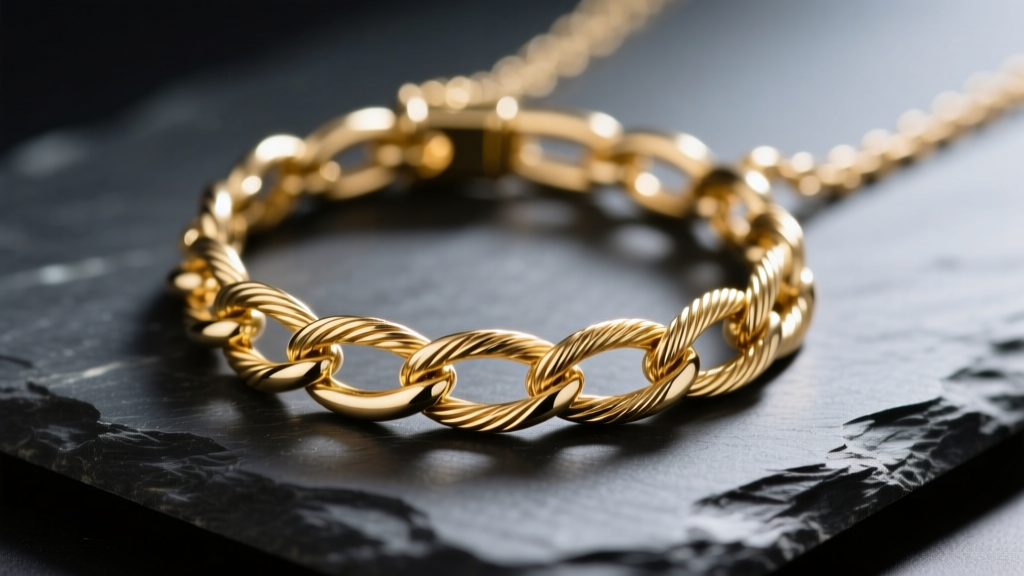 Close-up of an 18k gold o ring necklace resting on dark slate, highlighting the seamless weld and polished cable chain links