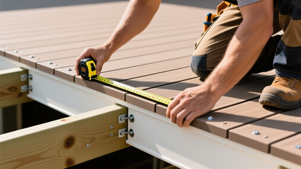 Professional contractors installing hidden fasteners on a capped composite deck surface while measuring joist spacing with a tape measure