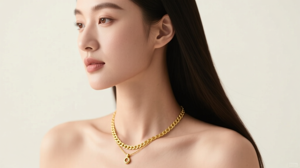 Elegant model wearing a delicate 16 inches necklace in 14k yellow gold resting perfectly on the collarbone, soft studio lighting