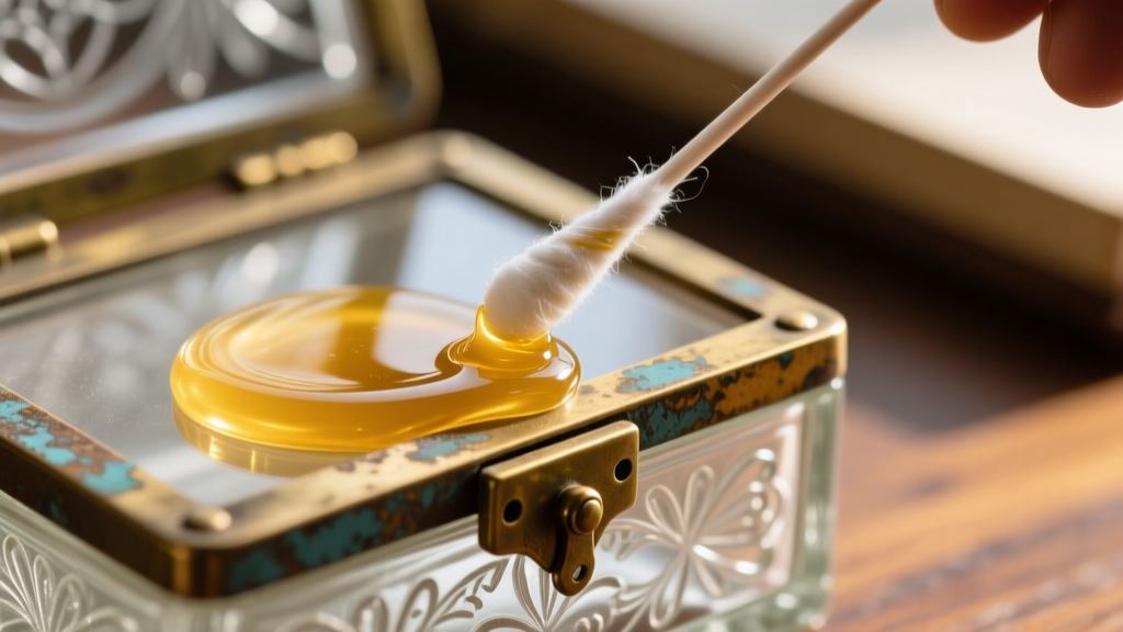 Macro shot of a cotton swab applying wax to a tarnished brass hinge on a vintage glass jewelry box to prevent oxidation