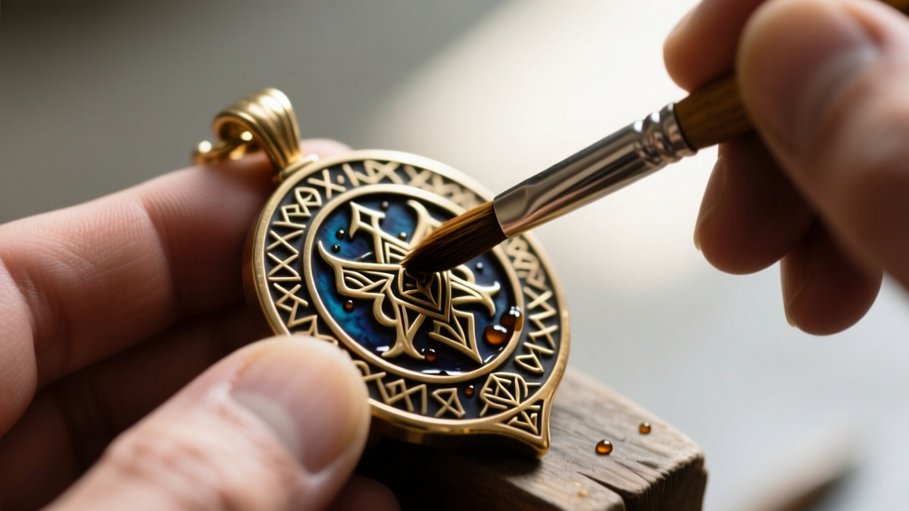 Close-up macro shot of a jeweler applying liver of sulfur patina to a brass gaming replica pendant using a fine bristle brush.