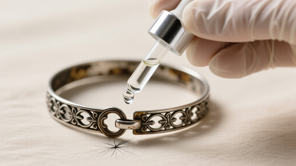 Hands in nitrile gloves using a dropper to apply silver testing acid to a small scratch mark on a vintage silver bracelet clasp