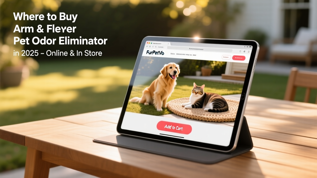 Screenshot-style mockup showing the FurPetVo Pet Odor Eliminator product page on furpetvo.com with 'Add to Cart' button highlighted