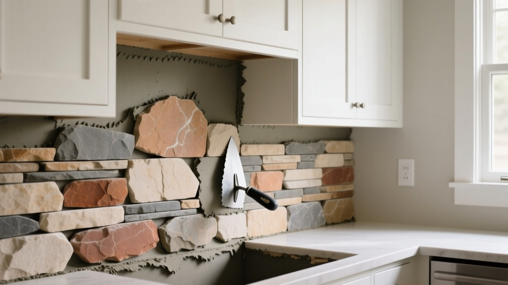 Natural stacked stone veneer panels being applied with thinset mortar on a kitchen backsplash wall above white shaker cabinets