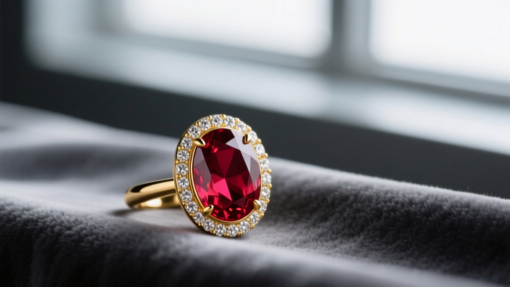 Close-up of an oval pigeon blood ruby pendant set in 18k yellow gold with a diamond halo, resting on dark grey velvet fabric