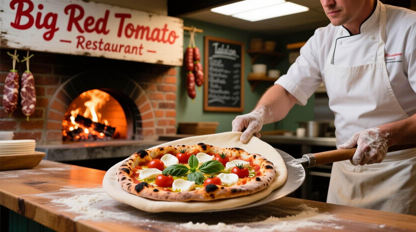 Wood-fired pizza being prepared at Big Red Tomato Restaurant