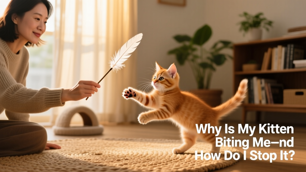 A person calmly offering a feather wand toy while a kitten pounces on it instead of reaching for their hand