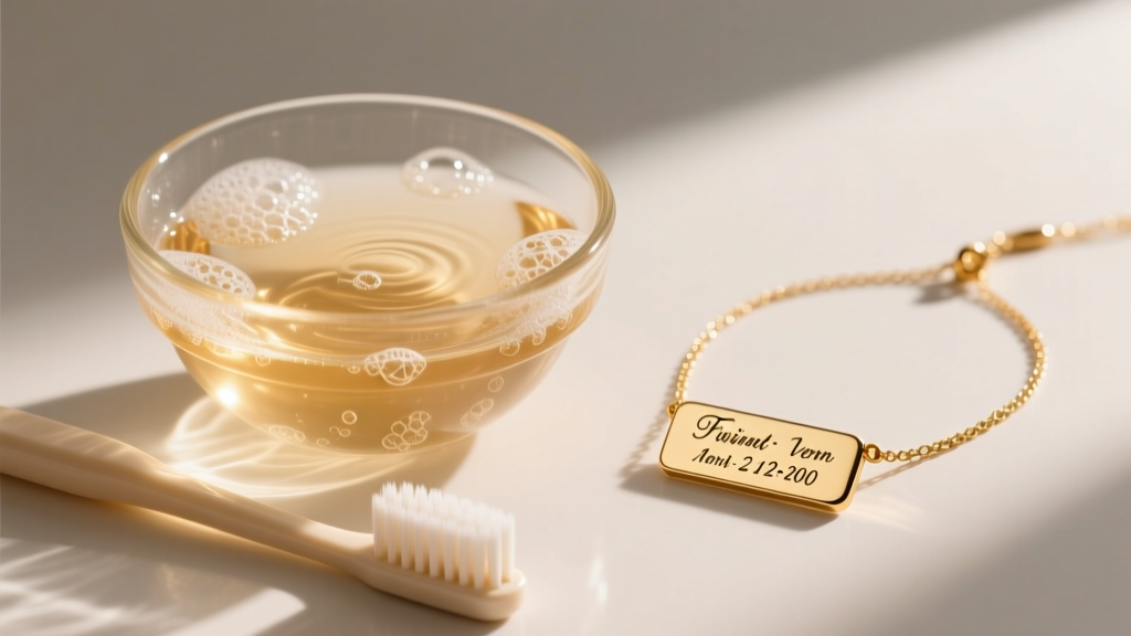 Glass bowl of warm soapy water and a soft toothbrush next to a gold vermeil necklace featuring a personalized date bar pendant.