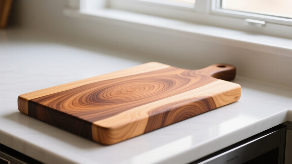 End-grain hard maple cutting board treated with mineral oil, highlighting rich wood grain on a bright kitchen counter.