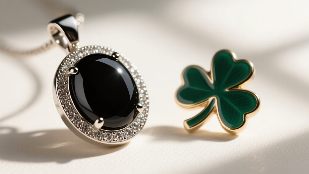 Macro view of a bezel-set black onyx clover pendant next to a glued enamel clover to show metal edge finishes and prong details.