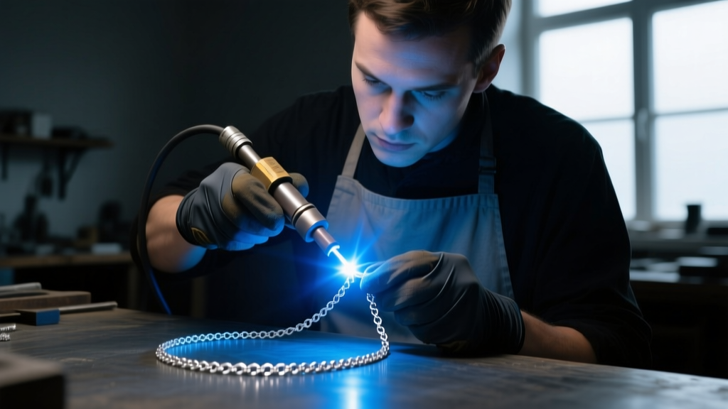 Jeweler using an argon arc welder on a platinum permanent anklet chain, bright blue shielding gas illuminating the dark workspace.