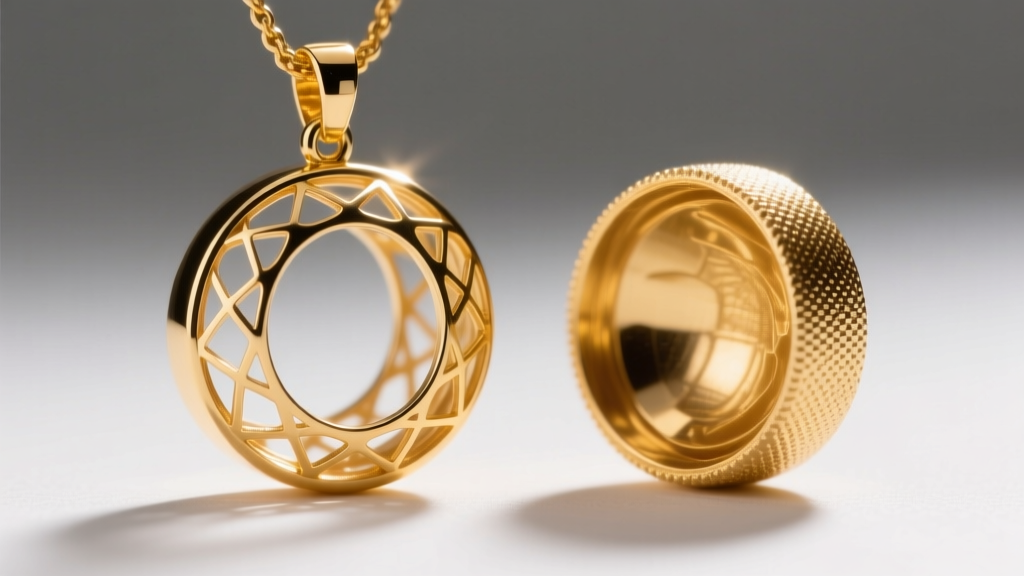 Macro cross-section of a hollow electroformed gold pendant beside a solid cast pendant, revealing the paper-thin interior walls.