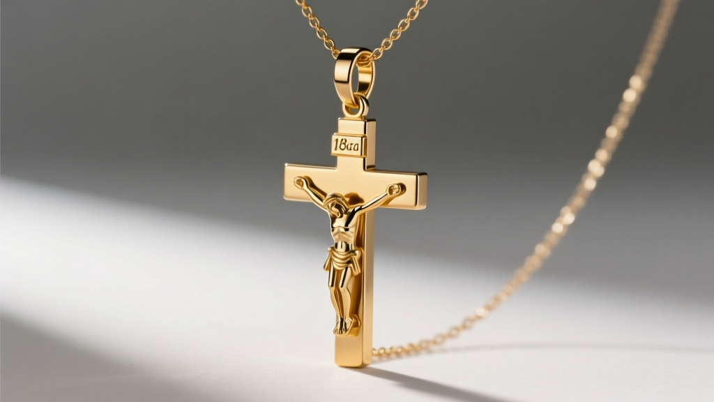 Side profile of a die-struck 18k gold crucifix on a 0.9mm box chain, focusing on the seamless soldered bail joint and clasp.