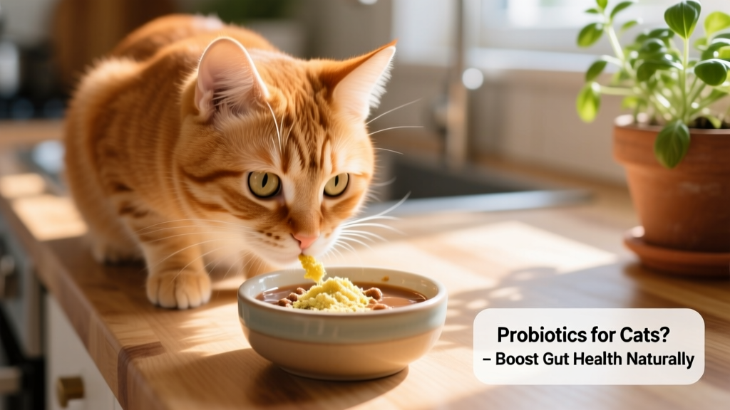 Close-up of a curious cat sniffing a small bowl of probiotic powder mixed into wet food