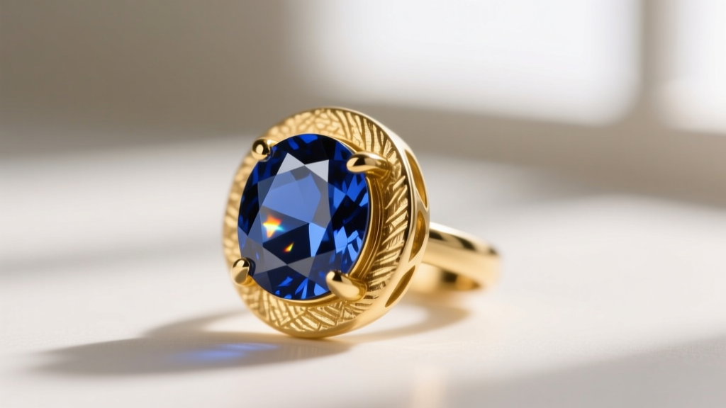 Macro view of a pure 24k gold earring bezel holding a sapphire, showing the rich yellow metal grain under soft light.