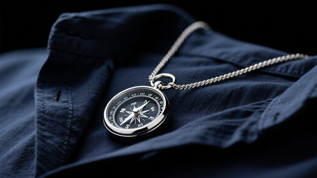Close-up of a brushed 316L stainless steel mens compass necklace resting on a dark navy linen shirt, studio lighting, sharp focus.