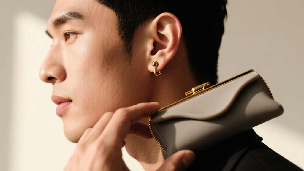 Side profile of a man adjusting a secure silicone flat-back clutch on his 16-gauge 4mm gold lobe stud, highlighting the fit.