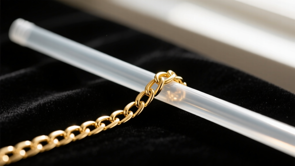 Macro shot of a delicate 14k gold chain threaded through a clear plastic straw to prevent tangles, resting on dark velvet.