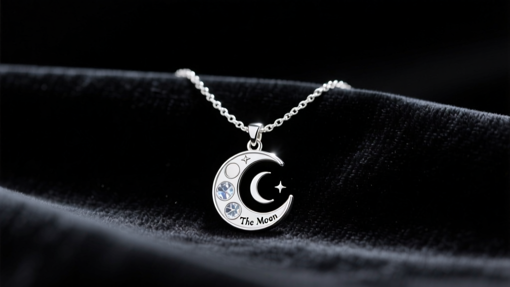 A sterling silver tiny tarot deck necklace showing The Moon card, resting on dark velvet fabric under soft, moody studio lighting.