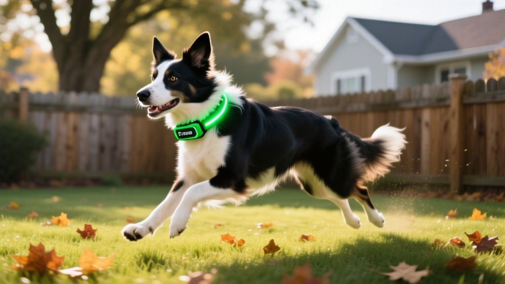 Border collie running in a fenced backyard wearing a green Fi Series 3 GPS smart collar with the LED light ring illuminated