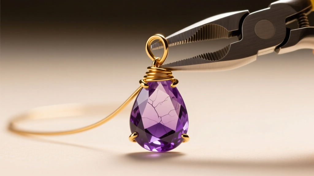 Nylon pliers bending 22-gauge gold-filled wire around the top bail of a raw amethyst teardrop stone under bright light.