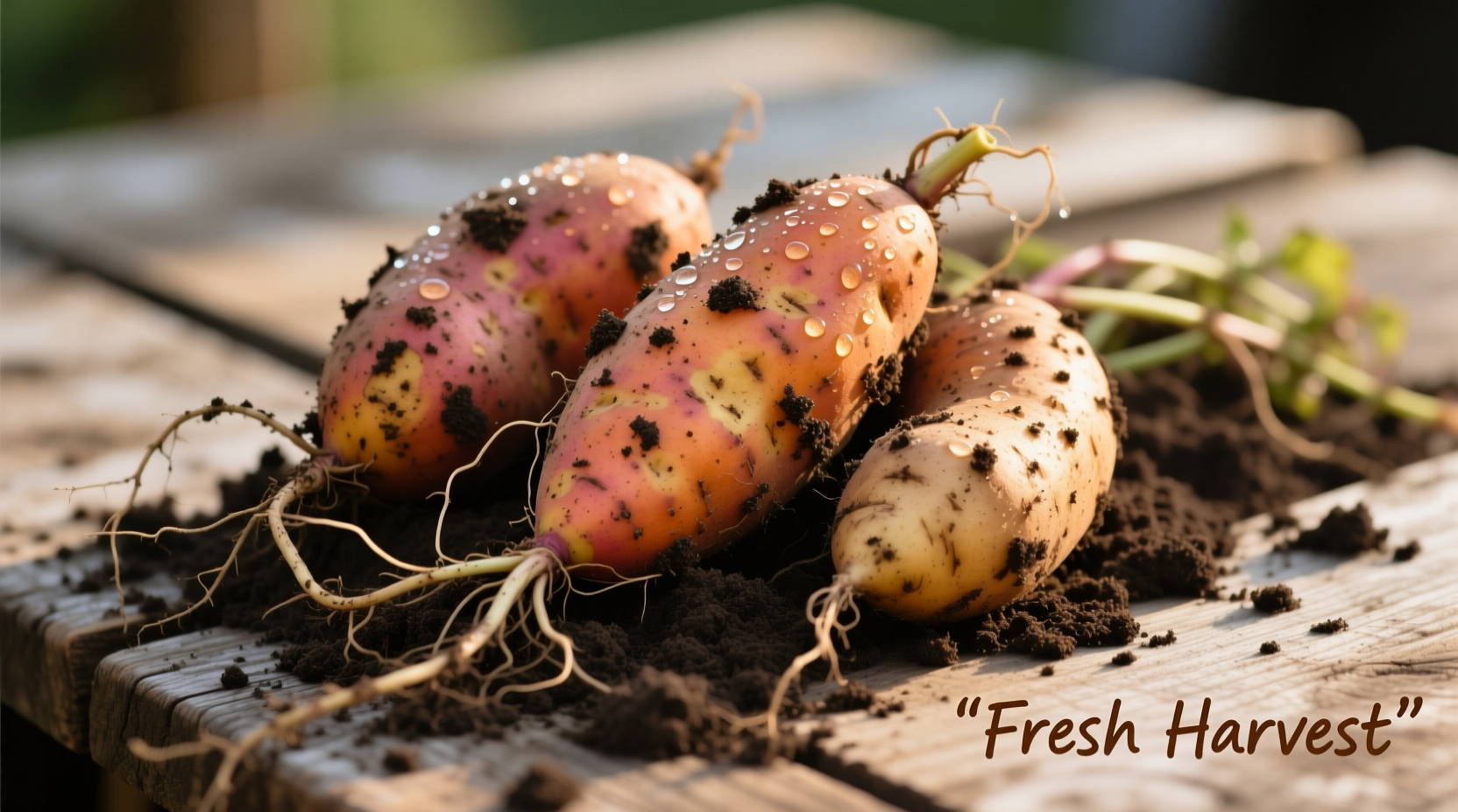 Freshly harvested sweet potatoes with soil still on roots