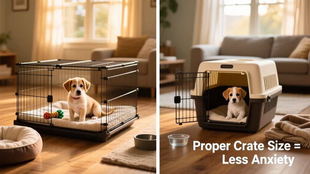 Side-by-side comparison showing correct crate sizing: one with proper space for standing and turning, another with divider adjusted for a young puppy