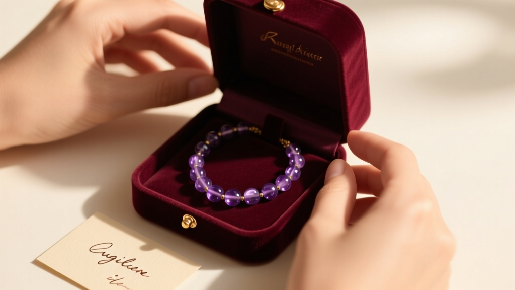 Hands opening a velvet box with a sugilite bead necklace, warm light, focusing on purple stones and a small handwritten gift note.