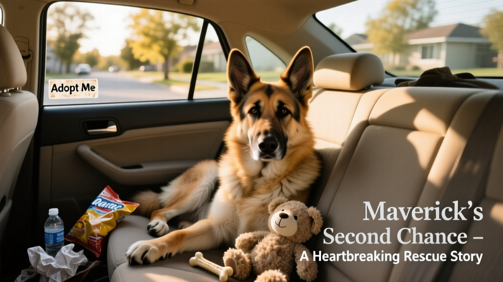 Maverick resting comfortably inside a car, ready for transport to his new home in Washington