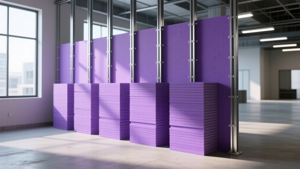 Metal stud framing with stacked purple moisture-resistant gypsum boards staged for partition wall installation in a commercial build