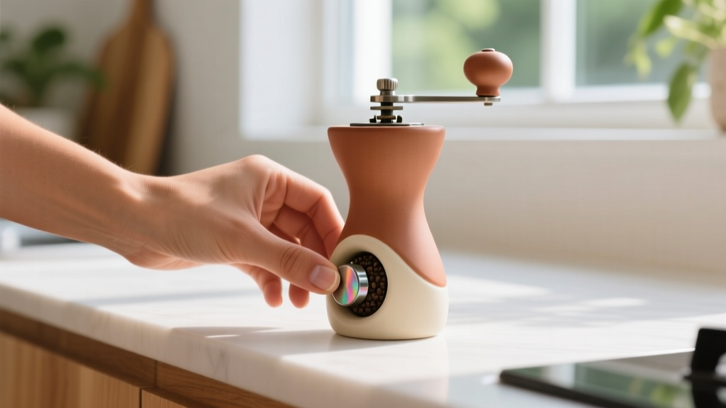 Left hand adjusting the grind dial at the base of an ambidextrous ceramic burr spice grinder made from recycled ocean plastic
