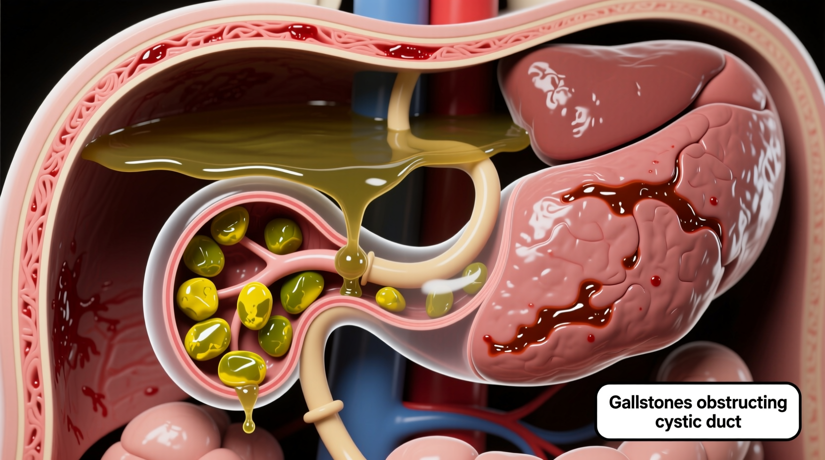 Gallbladder anatomy showing stones blocking bile duct