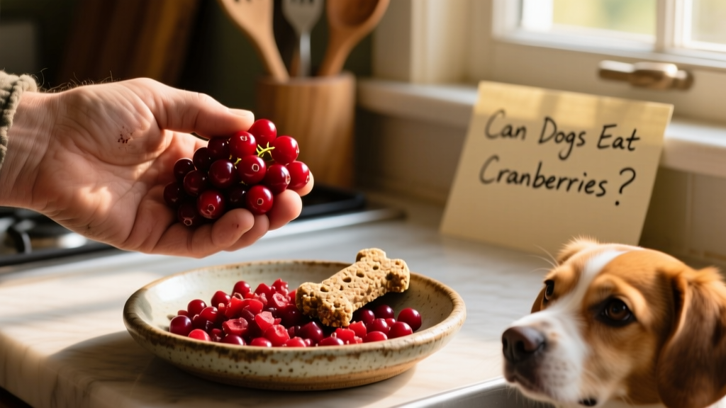 A hand holding a few fresh cranberries next to a small ceramic dish with chopped berries and a dog treat