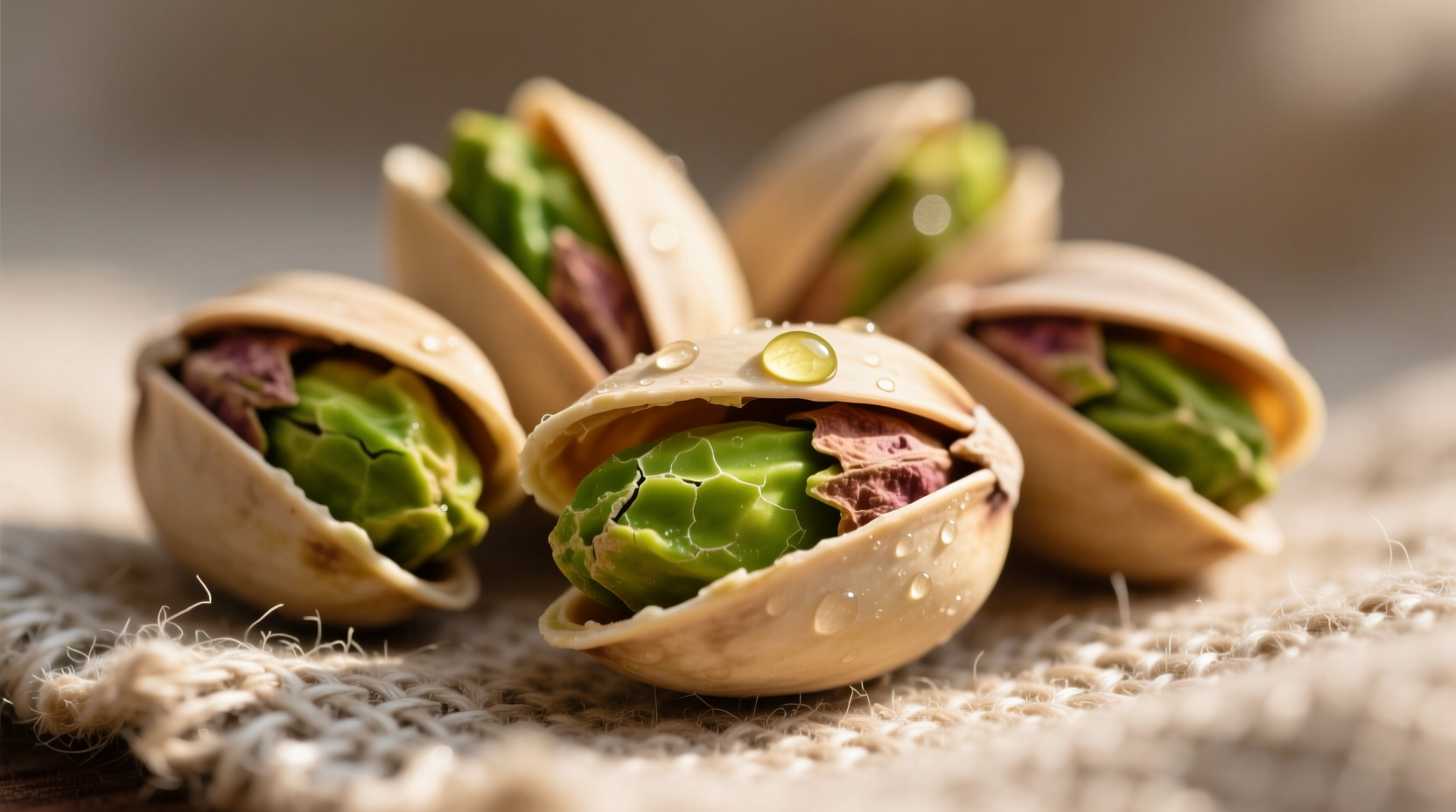 Fresh pistachios in shell showing distinctive green kernel