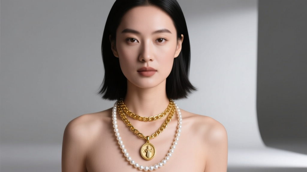 Woman wearing a 16-inch 18k gold chain with a 14mm St Jude pendant layered alongside a longer 18-inch freshwater pearl necklace.