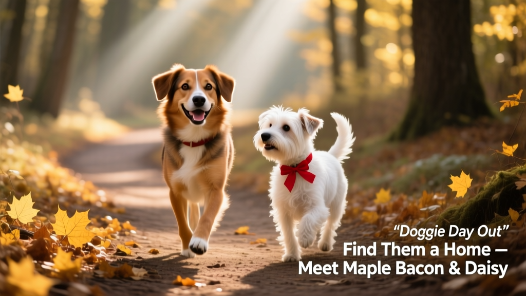 Maple Bacon smiling warmly on a sunny trail during his Doggie Day Out