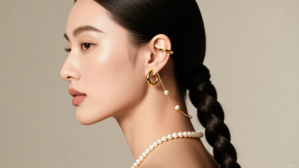 Side profile of a woman wearing an 18k gold helix clicker with a delicate pearl chain sahara connecting to her braided hair.