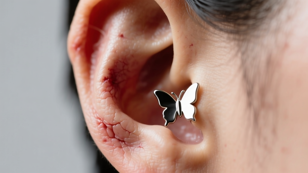 Macro clinical photograph of a swollen earlobe with a tight metal butterfly earring back slightly embedded, bright lighting