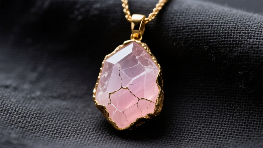Close-up of a raw, unpolished rose quartz rocky necklace pendant set in a rustic 14k gold bezel, resting on dark linen fabric.