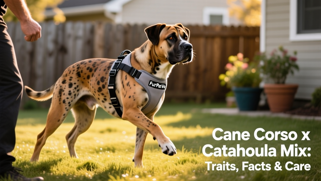 A Cane Corso Catahoula mix focused on a training session, wearing a comfortable no-pull harness from FurPetVo