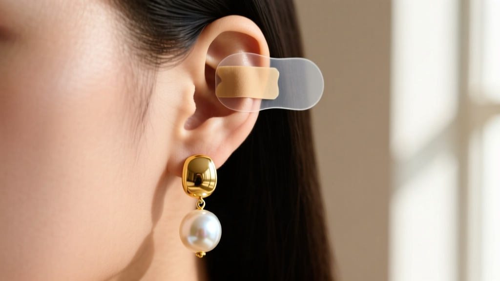 Close-up of a clear adhesive earlobe support patch applied behind a lobe to securely hold a heavy gold and pearl drop earring.