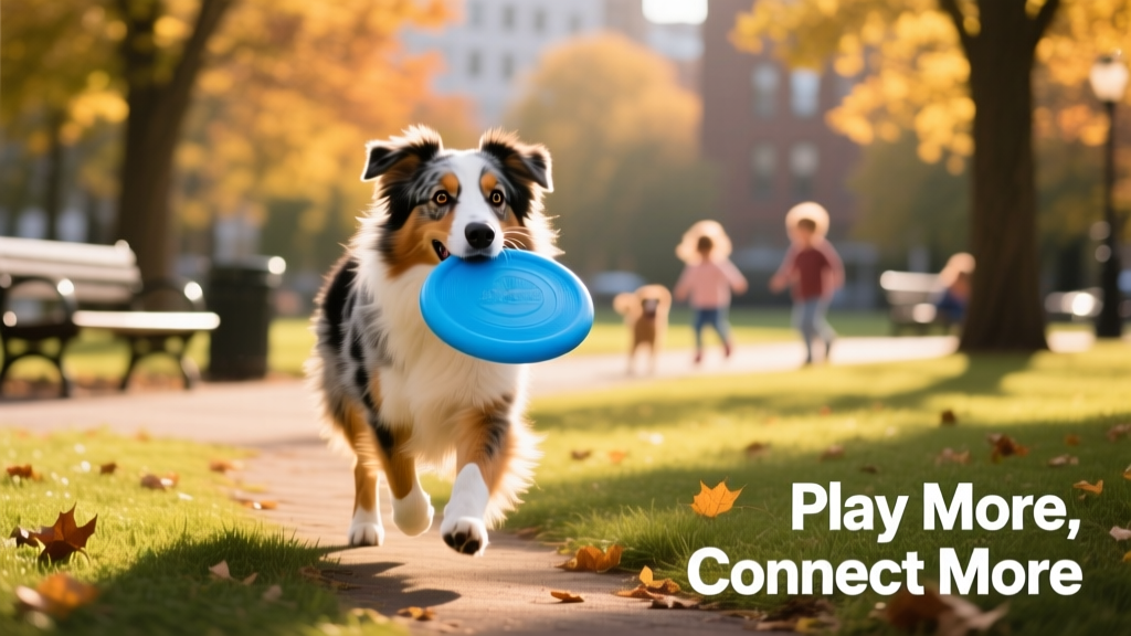 an Australian Shepherd walking through a park with a blue frisbee in its mouth