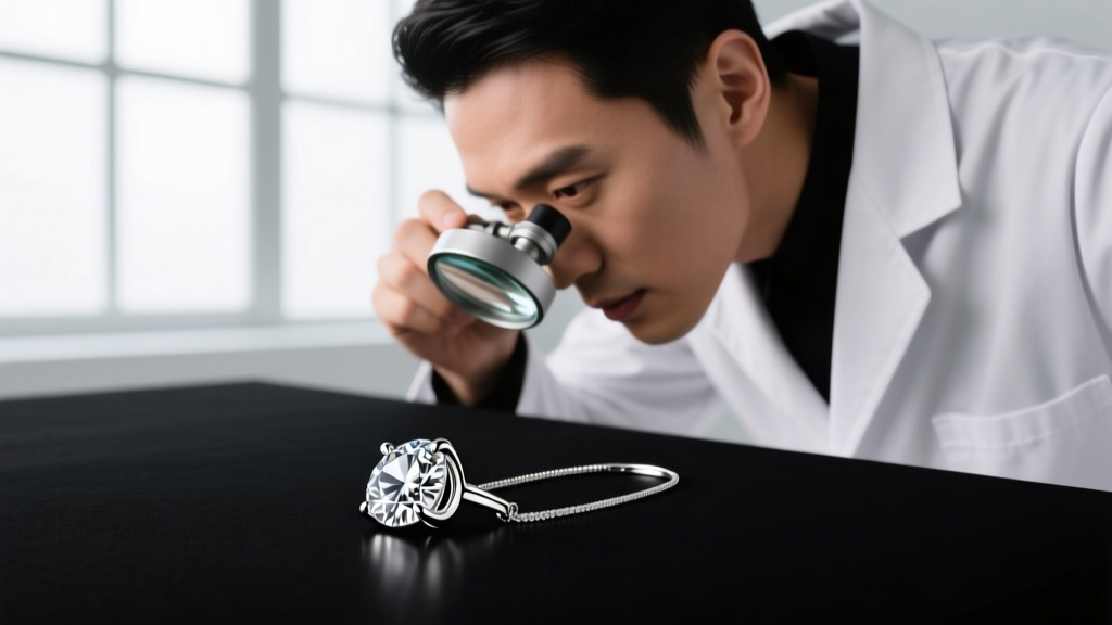 Jeweler using a loupe to inspect a loose prong on a silver diamond pendant, revealing a microscopic gap near the stone girdle
