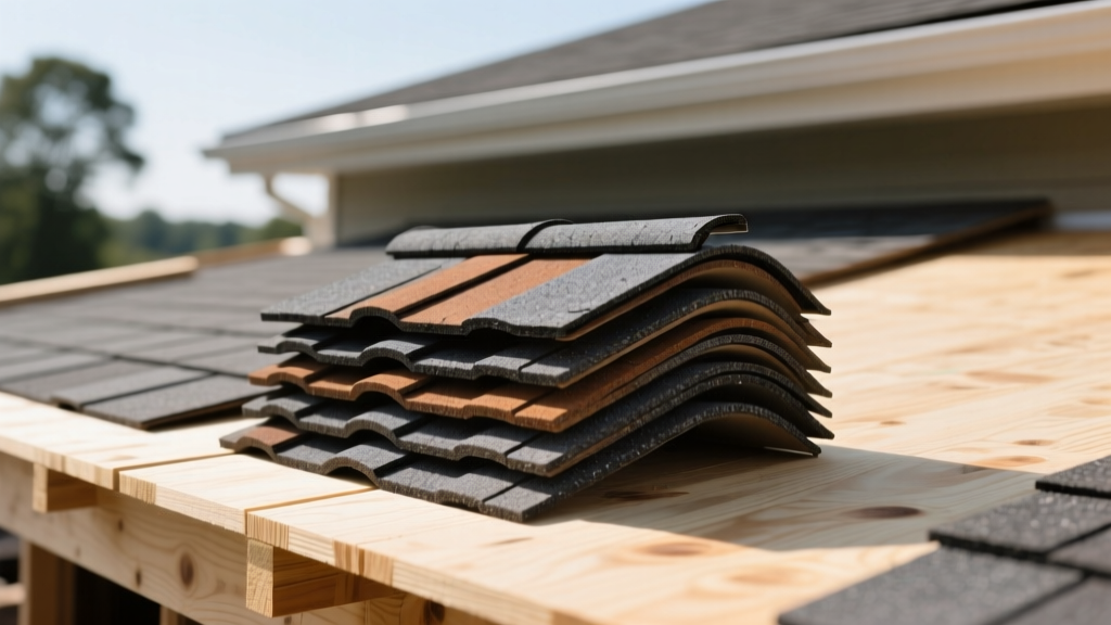 Architectural asphalt roofing shingles material in weathered wood stacked on a residential plywood roof deck for installation