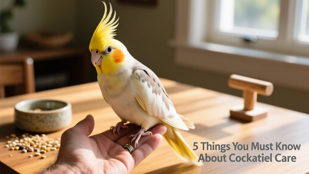 A calm, alert cockatiel perched on a hand, looking gently at the camera