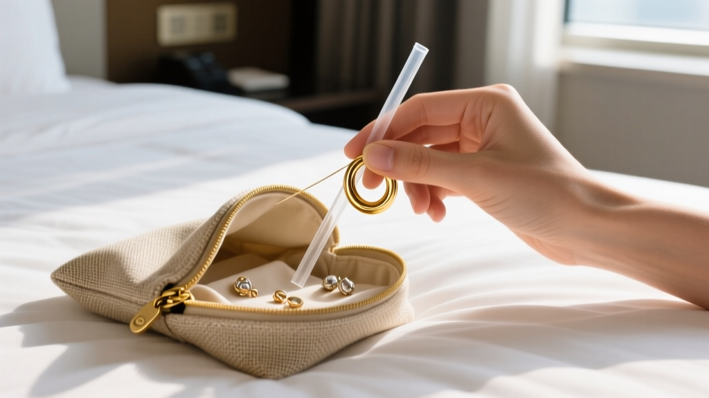 Hands threading a gold hoop earring through a plastic straw to prevent tangling inside a canvas travel earring bag on a hotel bed.